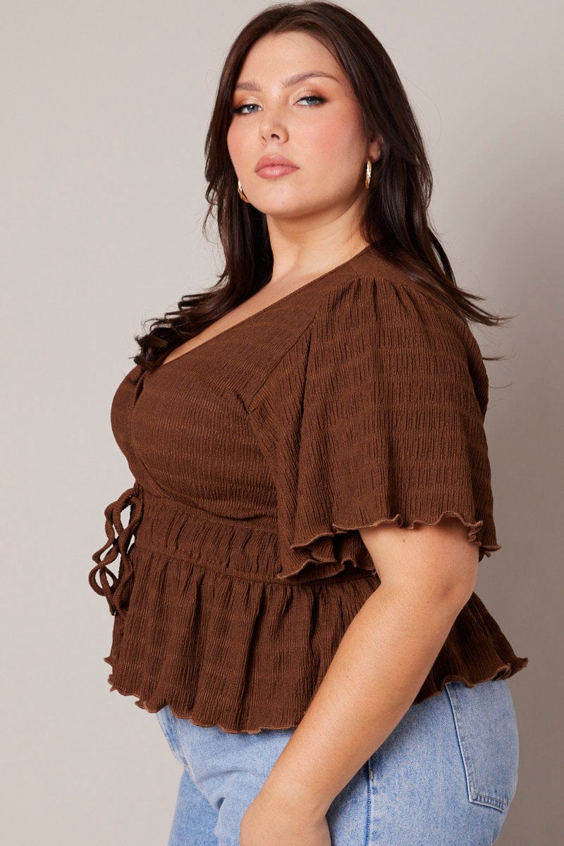 Brown Wrap Top Short Sleeve Textured for YouandAll Fashion