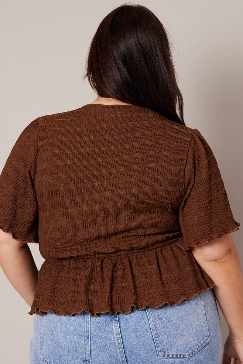 Brown Wrap Top Short Sleeve Textured for YouandAll Fashion