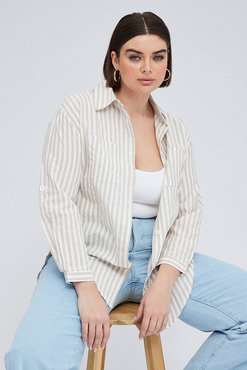 Beige Stripe Relaxed Shirt Long Sleeve Button Up for YouandAll Fashion