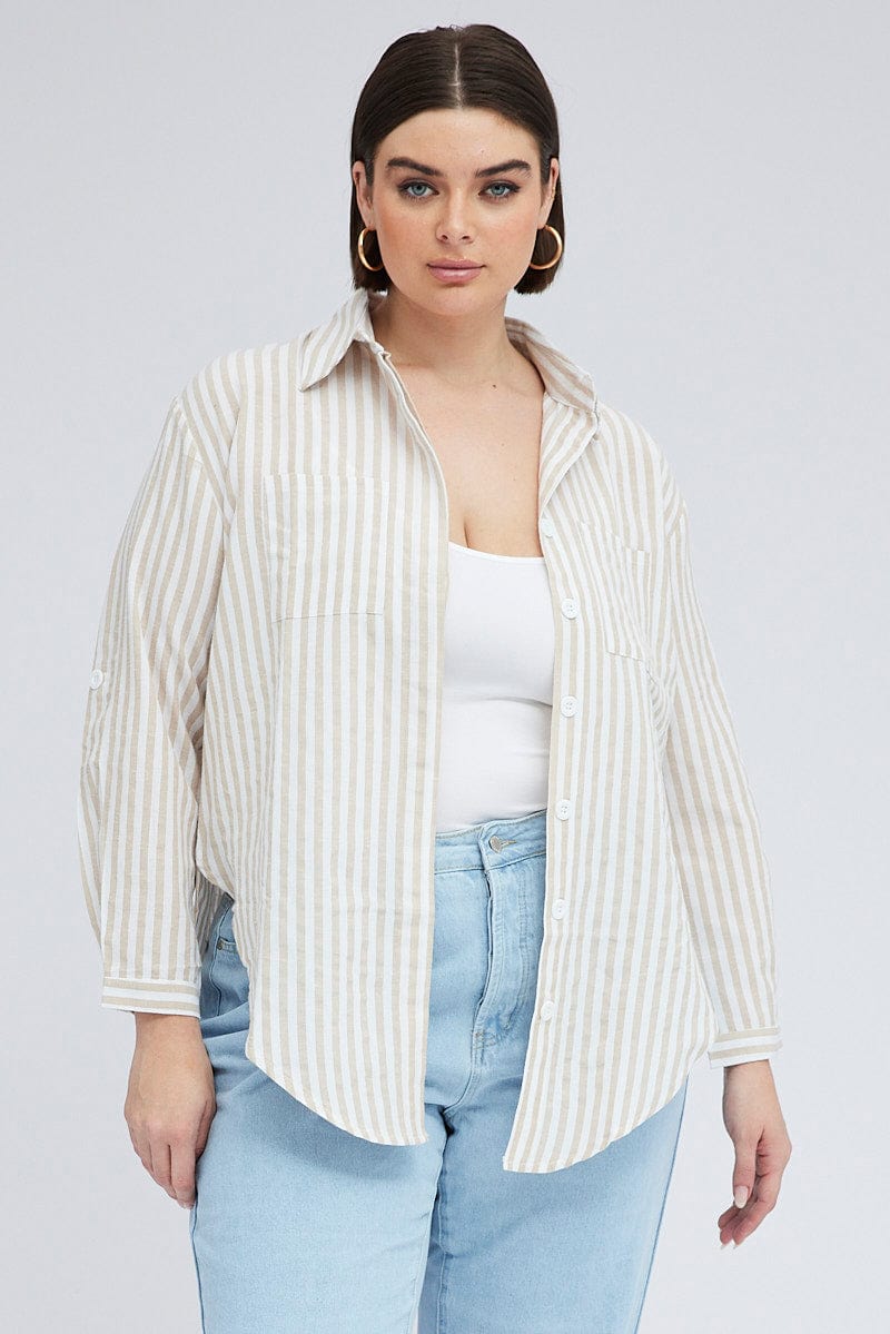 Beige Stripe Relaxed Shirt Long Sleeve Button Up for YouandAll Fashion