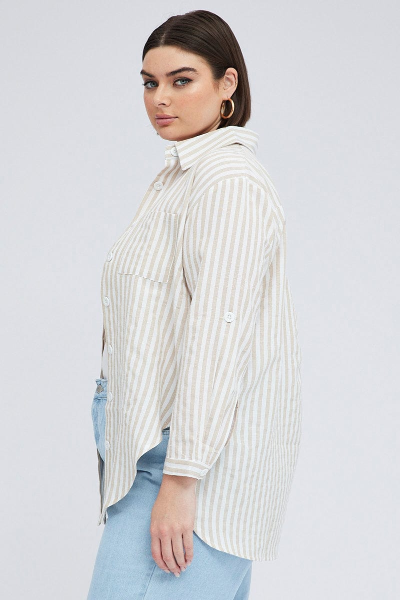 Beige Stripe Relaxed Shirt Long Sleeve Button Up for YouandAll Fashion