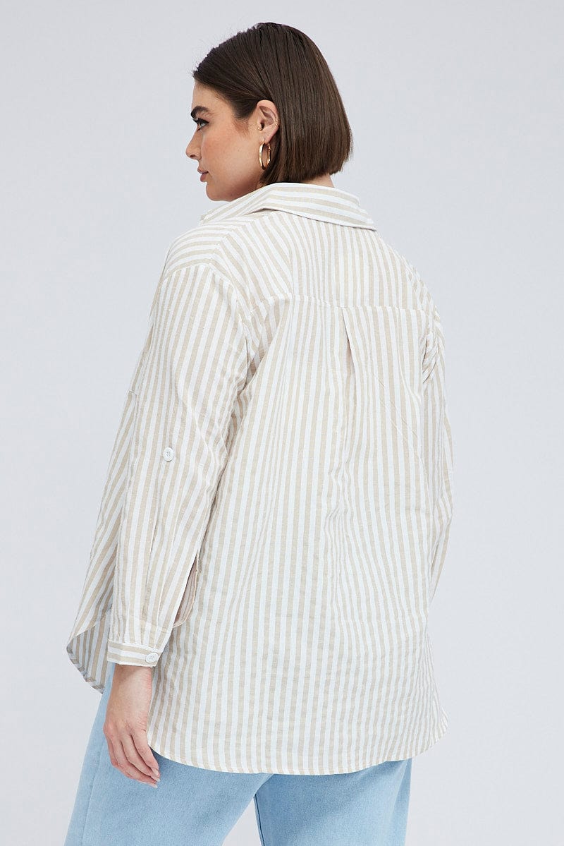 Beige Stripe Relaxed Shirt Long Sleeve Button Up for YouandAll Fashion