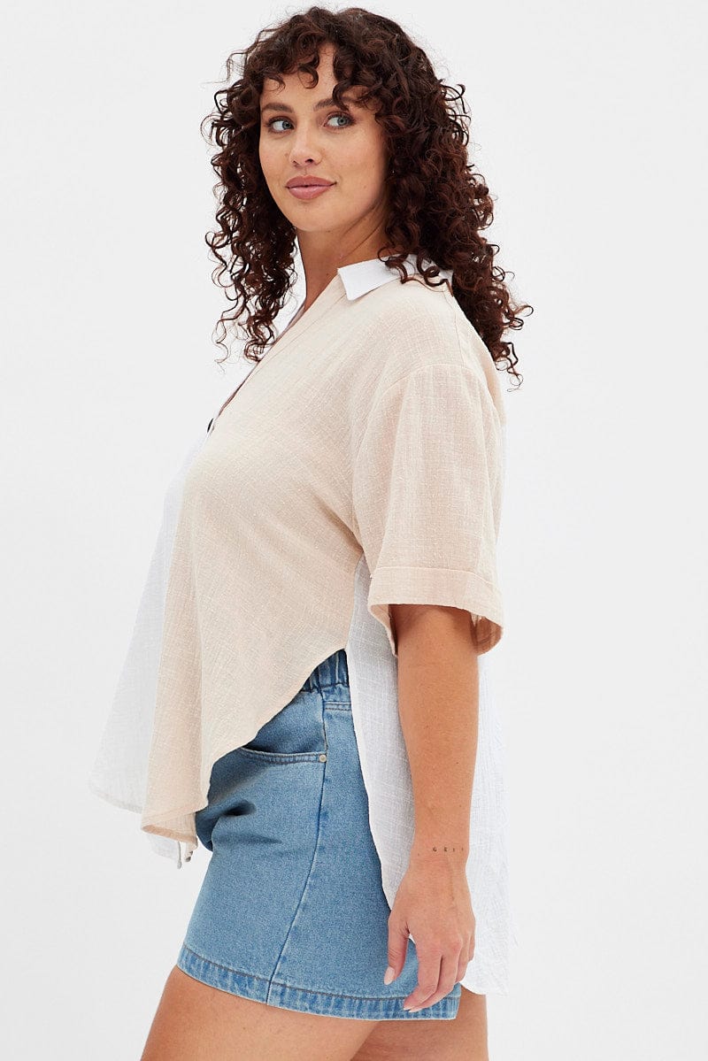 White Short Sleeve V-Neck Loose Fit Color Block Shirt for YouandAll Fashion