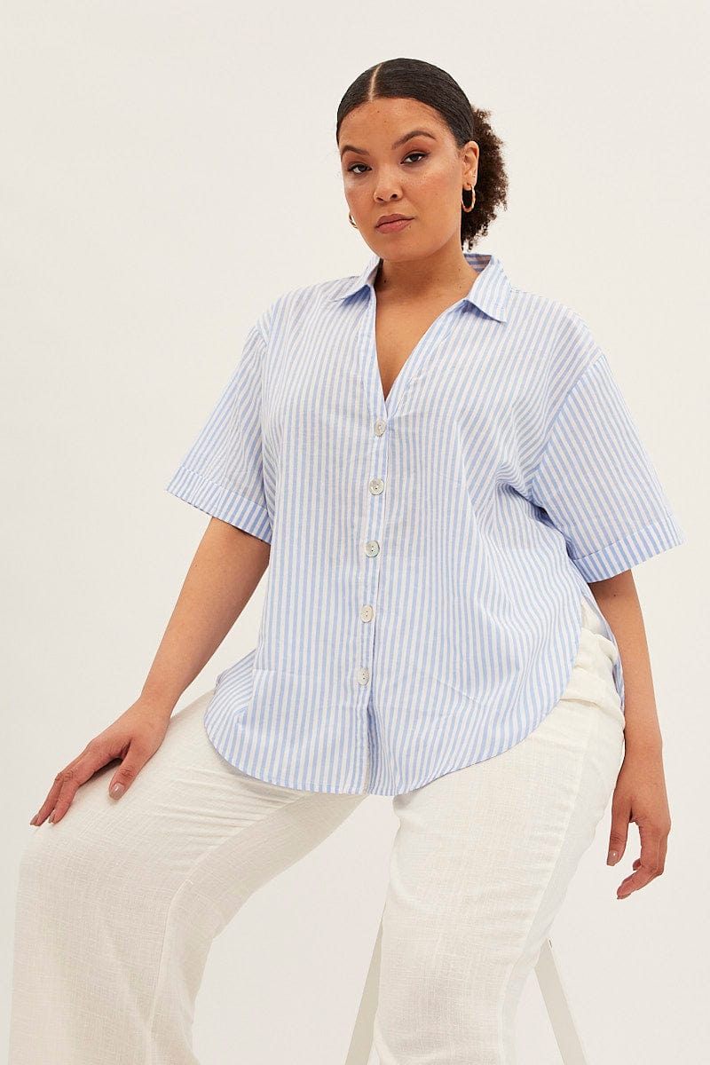 Blue Stripe White Shirt With Shell Button for YouandAll Fashion