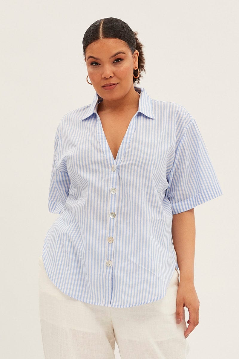 Blue Stripe White Shirt With Shell Button for YouandAll Fashion