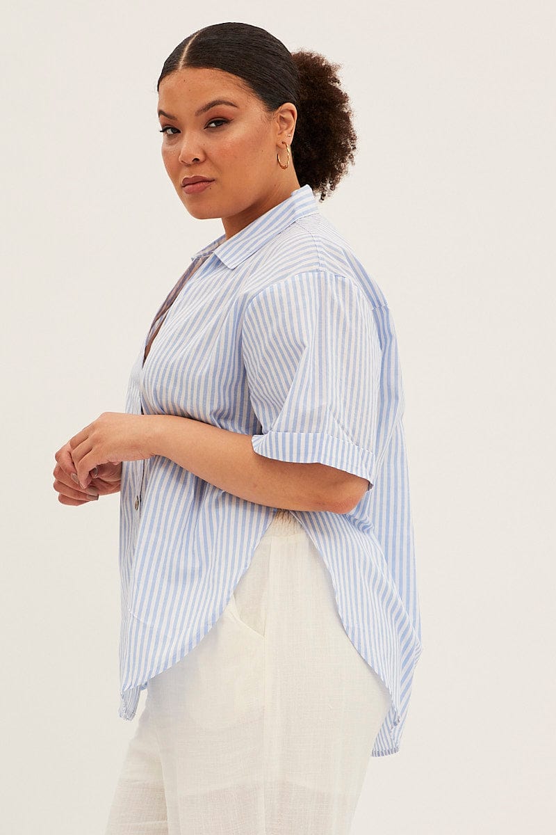 Blue Stripe White Shirt With Shell Button for YouandAll Fashion