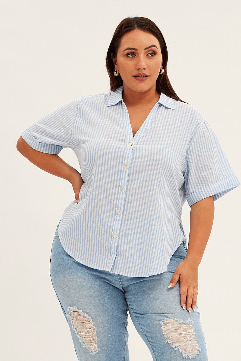 Blue Stripe Relaxed Shirt Short Sleeve V-Neck Button Up for YouandAll Fashion