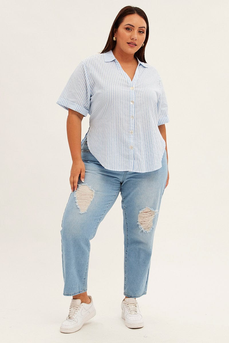 Blue Stripe Relaxed Shirt Short Sleeve V-Neck Button Up for YouandAll Fashion