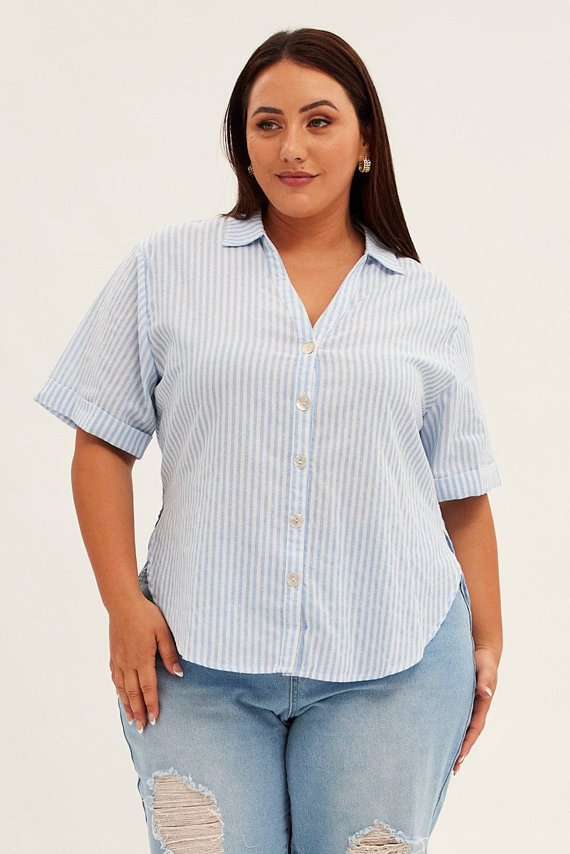 Blue Stripe Relaxed Shirt Short Sleeve V-Neck Button Up for YouandAll Fashion