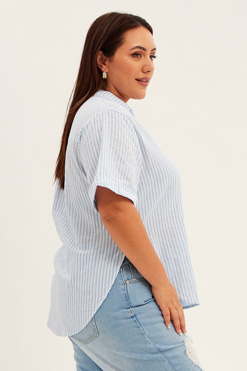 Blue Stripe Relaxed Shirt Short Sleeve V-Neck Button Up for YouandAll Fashion