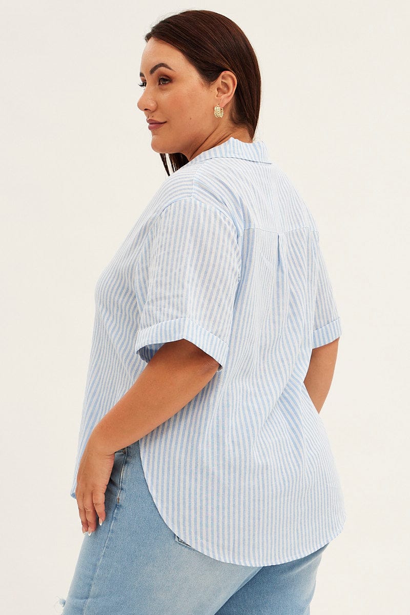 Blue Stripe Relaxed Shirt Short Sleeve V-Neck Button Up for YouandAll Fashion