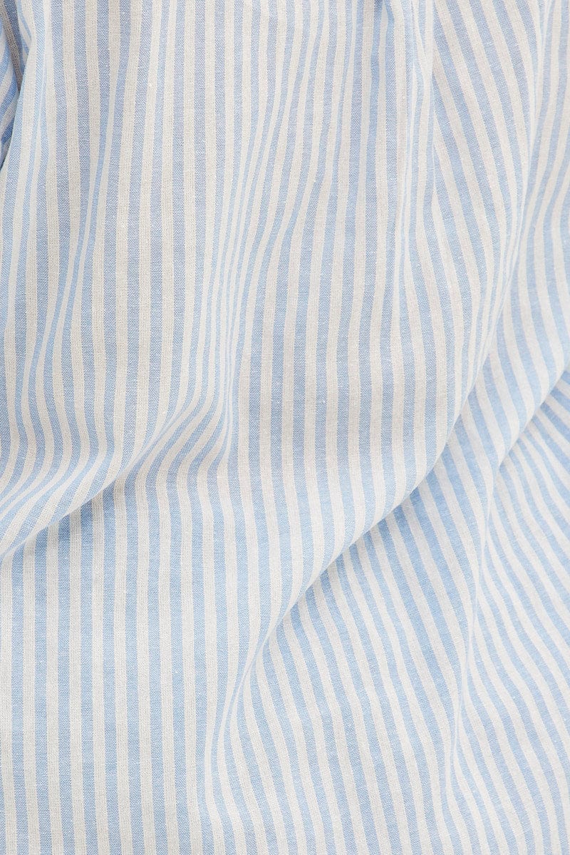 Blue Stripe Relaxed Shirt Short Sleeve V-Neck Button Up for YouandAll Fashion