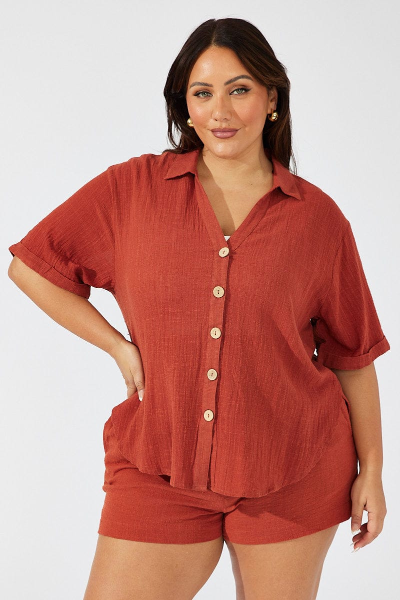 Brown Relaxed Shirt Short Sleeve for YouandAll Fashion