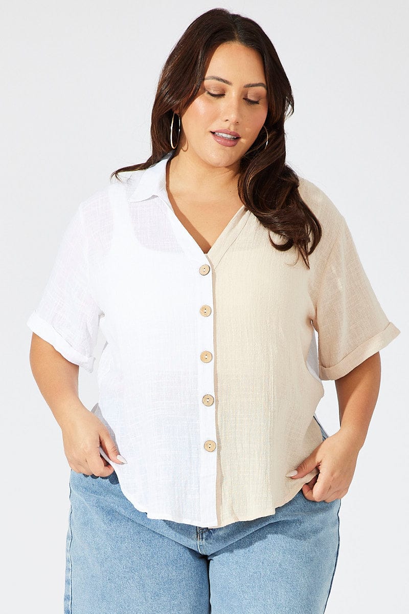 Beige Relaxed Shirt Short Sleeve for YouandAll Fashion