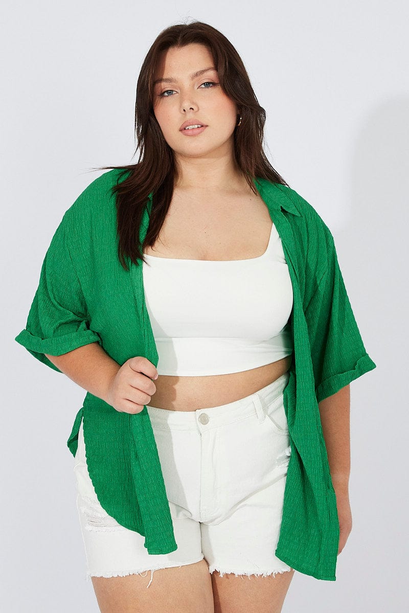 Green Relaxed Shirt Short Sleeve Textured for YouandAll Fashion