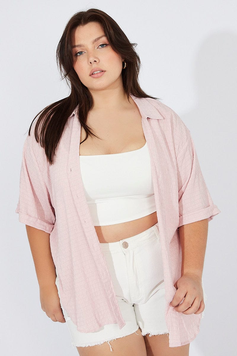 Pink Relaxed Shirt Short Sleeve Textured for YouandAll Fashion