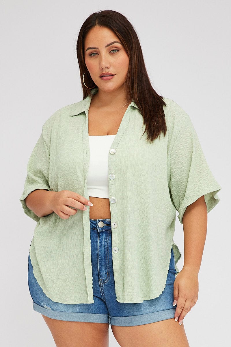 Green Relaxed Shirt Short Sleeve Textured for YouandAll Fashion