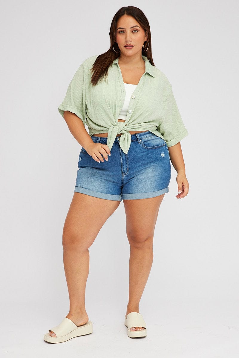 Green Relaxed Shirt Short Sleeve Textured for YouandAll Fashion