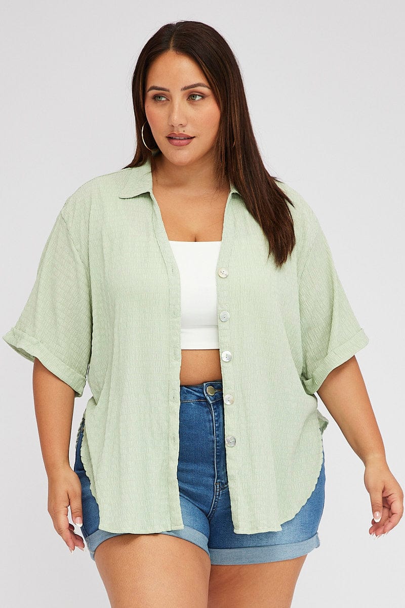 Green Relaxed Shirt Short Sleeve Textured for YouandAll Fashion