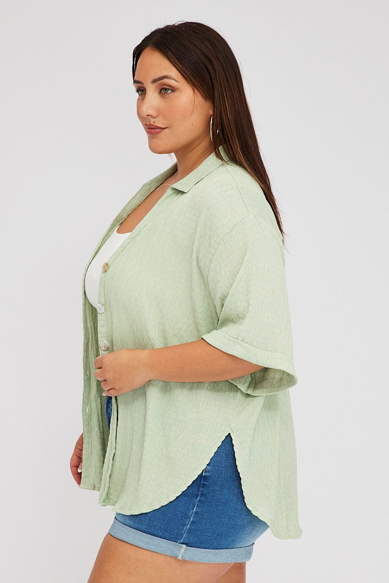 Green Relaxed Shirt Short Sleeve Textured for YouandAll Fashion