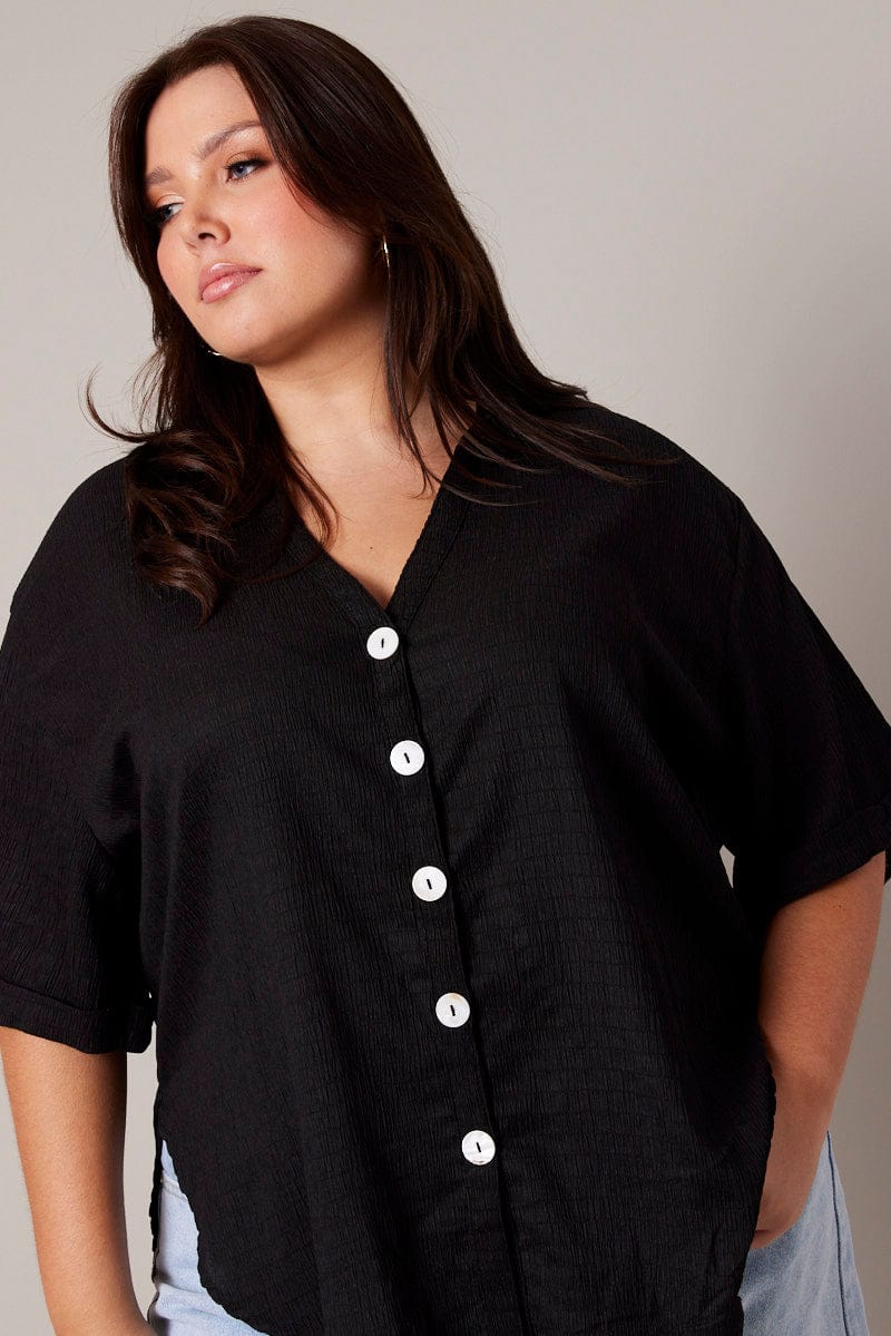 Black Relaxed Shirt Short Sleeve Textured for YouandAll Fashion