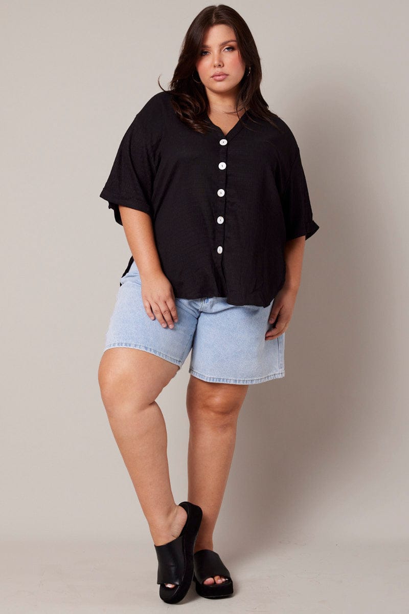 Black Relaxed Shirt Short Sleeve Textured for YouandAll Fashion