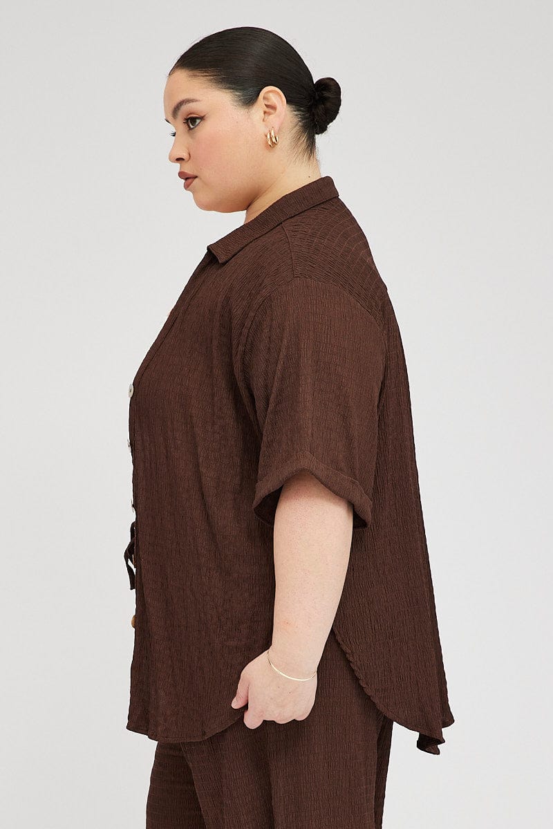 Brown Relaxed Shirt Short Sleeve Textured for YouandAll Fashion