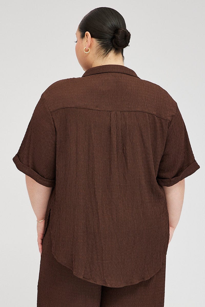 Brown Relaxed Shirt Short Sleeve Textured for YouandAll Fashion