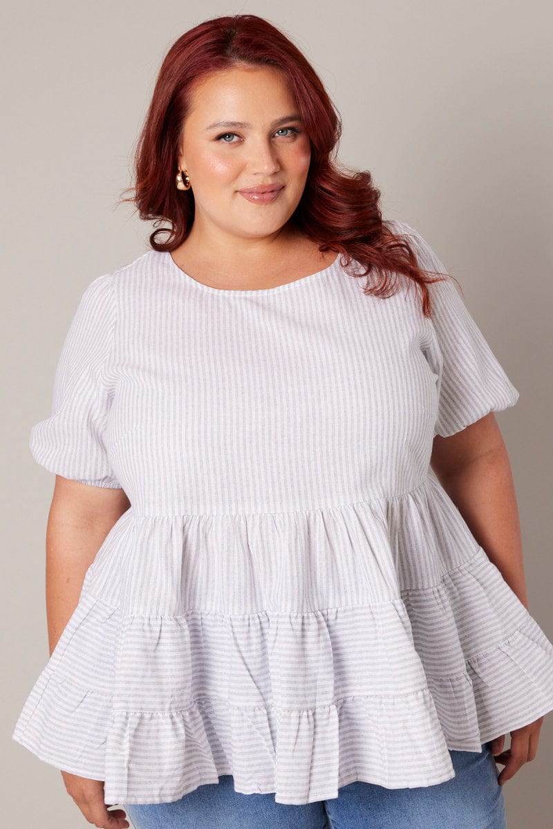 White Stripe Tiered Smock Top Short Sleeve for YouandAll Fashion