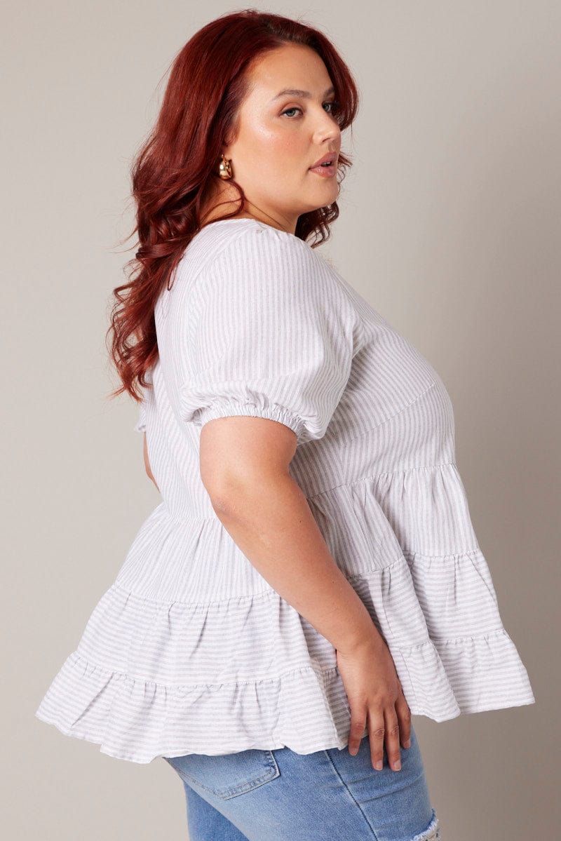 White Stripe Tiered Smock Top Short Sleeve for YouandAll Fashion