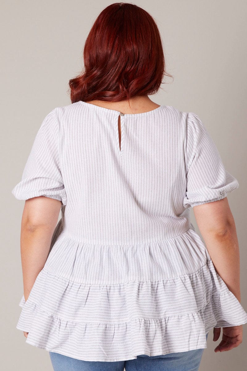 White Stripe Tiered Smock Top Short Sleeve for YouandAll Fashion