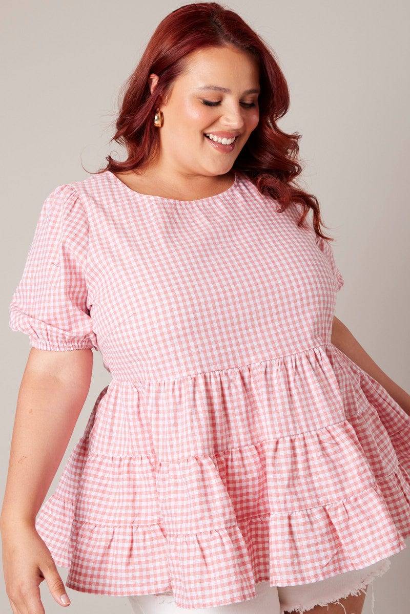 Pink Check Smock Top Short Sleeve Tiered for YouandAll Fashion