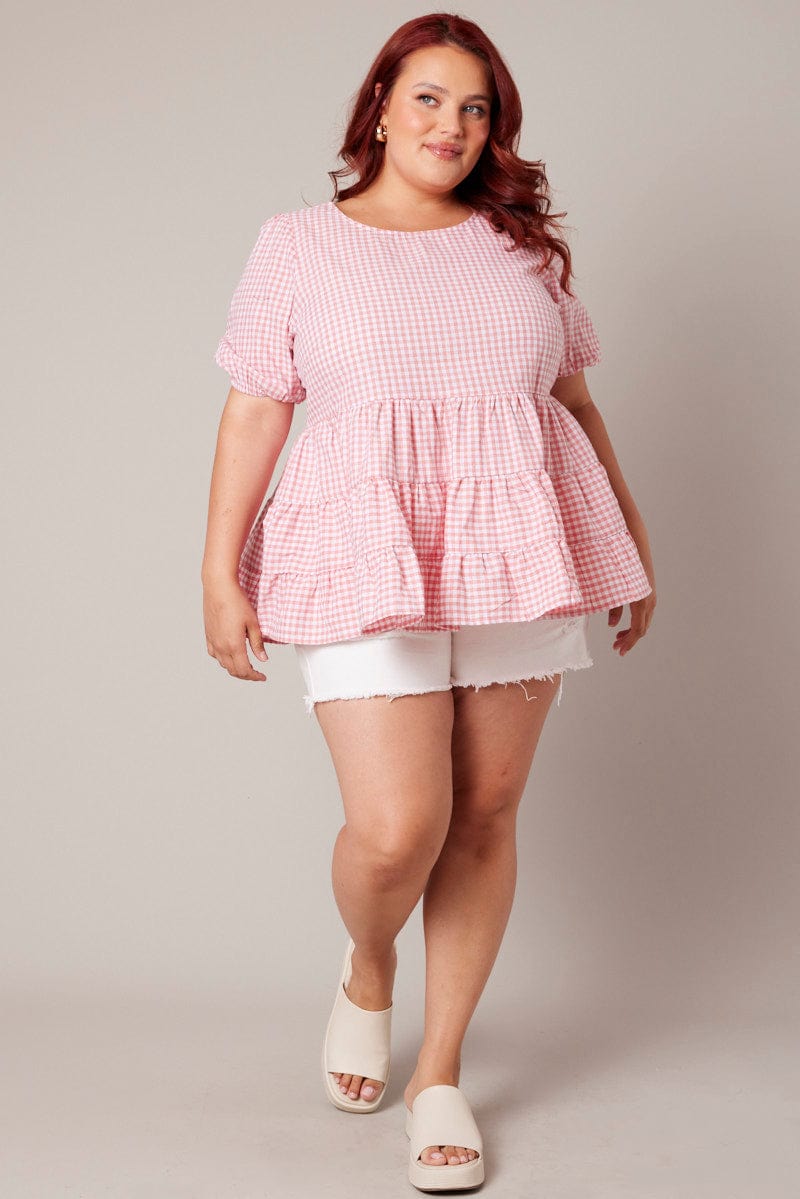 Pink Check Smock Top Short Sleeve Tiered for YouandAll Fashion
