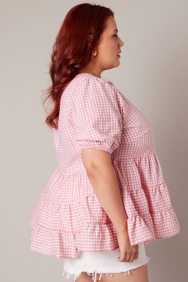 Pink Check Smock Top Short Sleeve Tiered for YouandAll Fashion