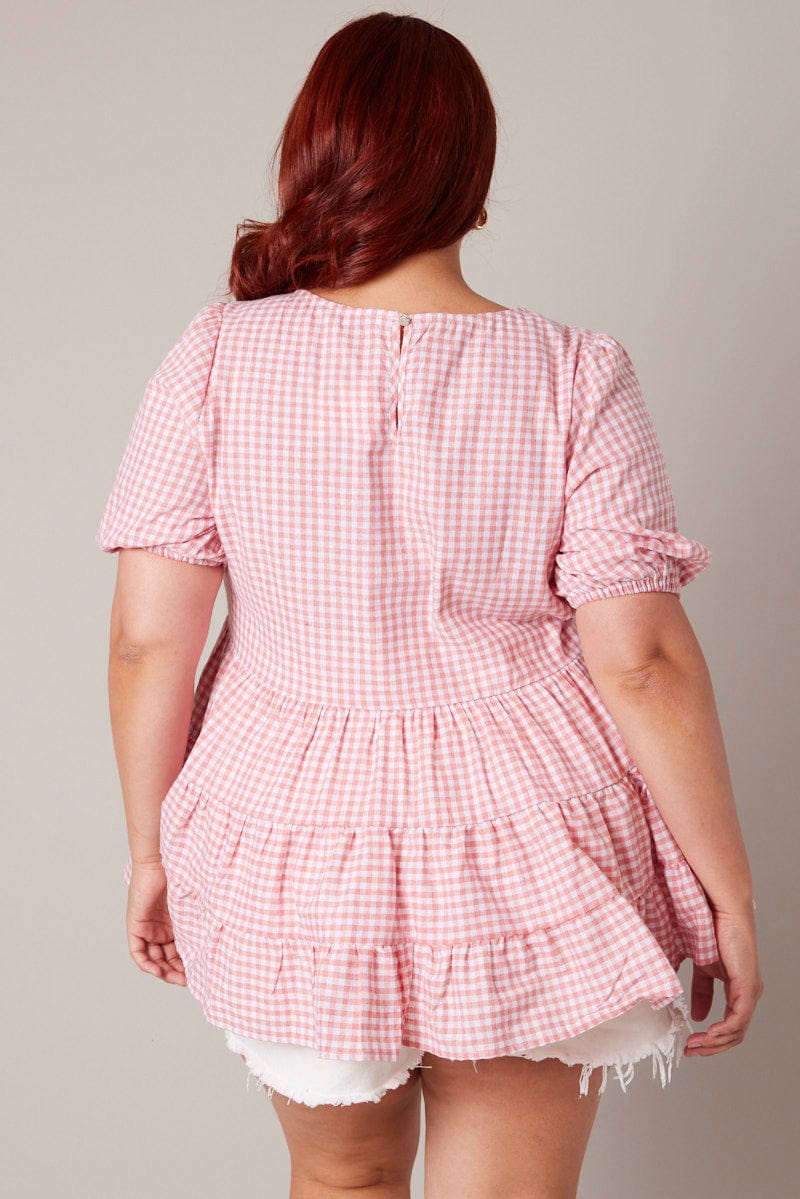 Pink Check Smock Top Short Sleeve Tiered for YouandAll Fashion