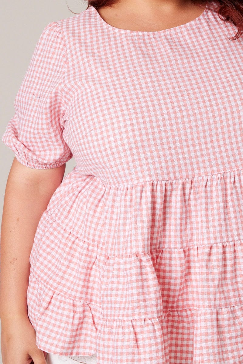 Pink Check Smock Top Short Sleeve Tiered for YouandAll Fashion