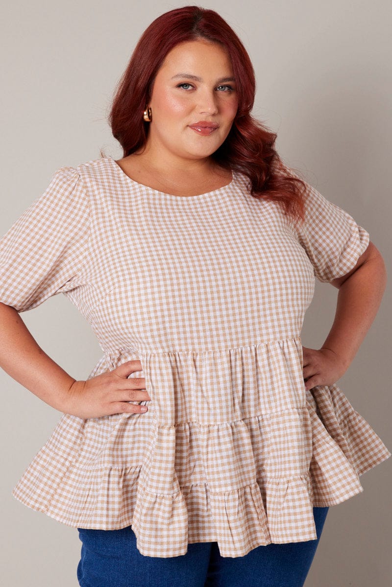 Brown Check Smock Top Short Sleeve Tiered for YouandAll Fashion