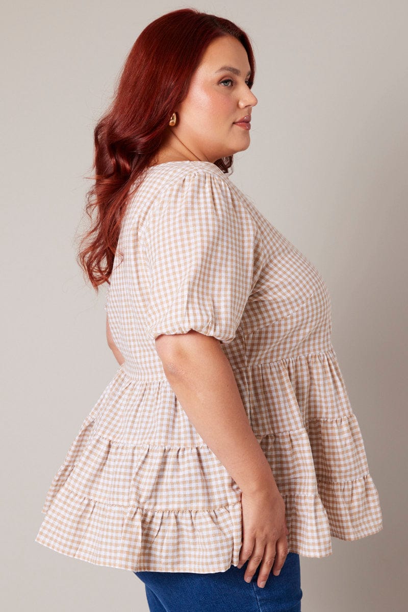 Brown Check Smock Top Short Sleeve Tiered for YouandAll Fashion