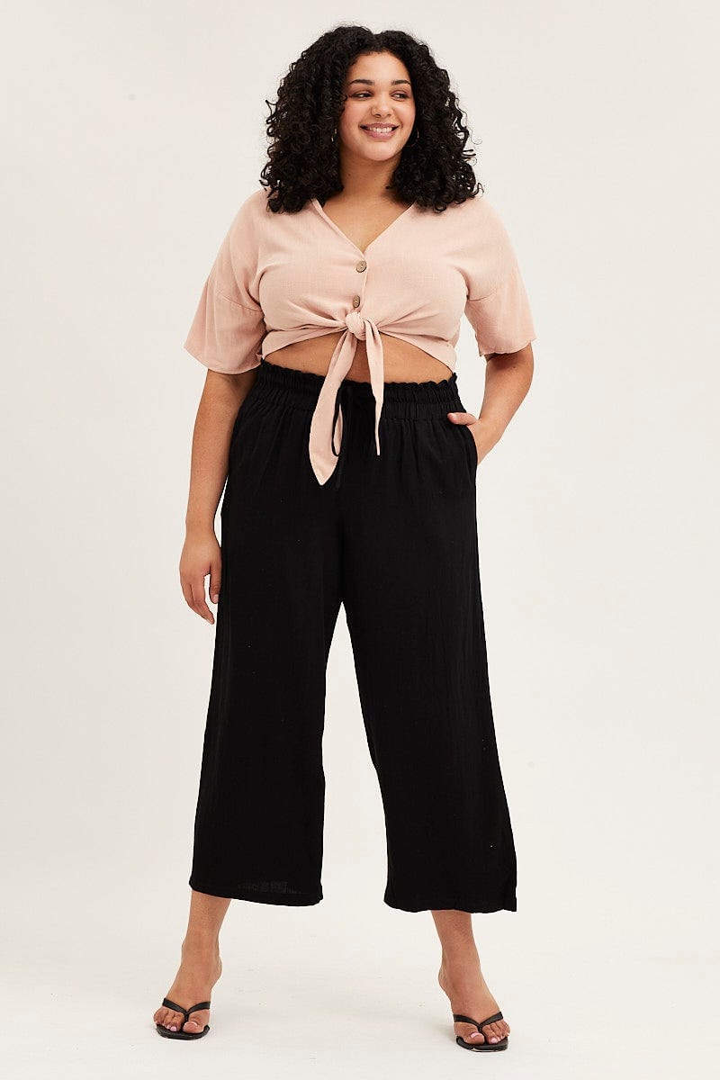 Plus Size Beige Short Sleeve Linen Blend Tie Front Shirt You