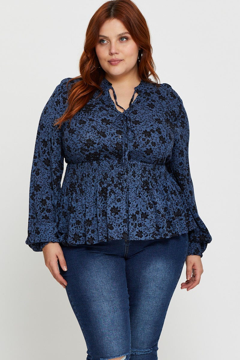 Floral Prt Plus Floral Print Chiffon Long Sleeve Peplum Top For Women By You And All