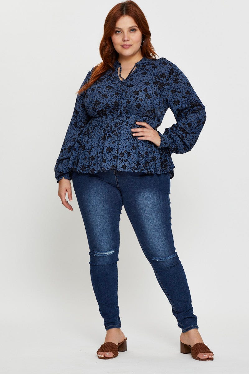 Floral Prt Plus Floral Print Chiffon Long Sleeve Peplum Top For Women By You And All