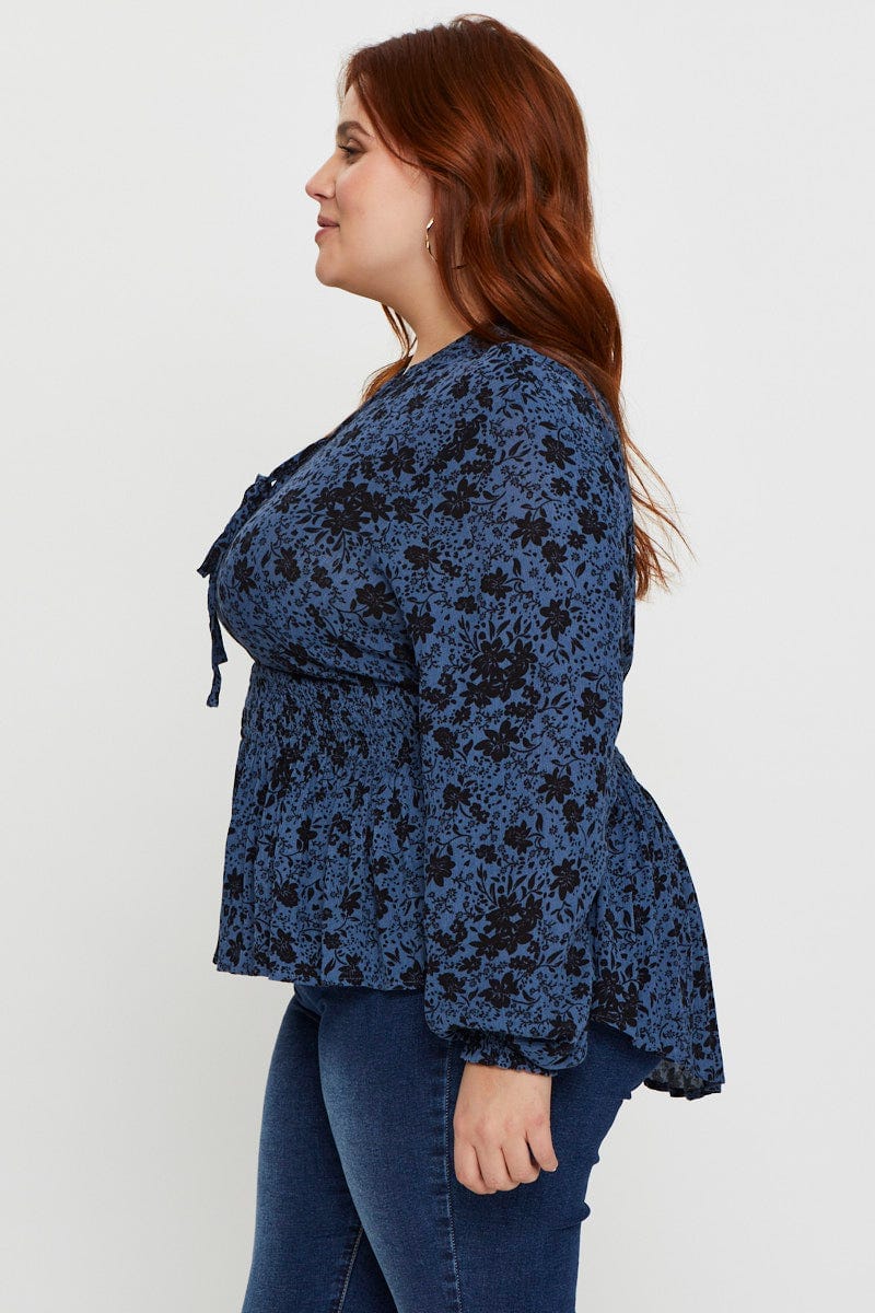 Floral Prt Plus Floral Print Chiffon Long Sleeve Peplum Top For Women By You And All