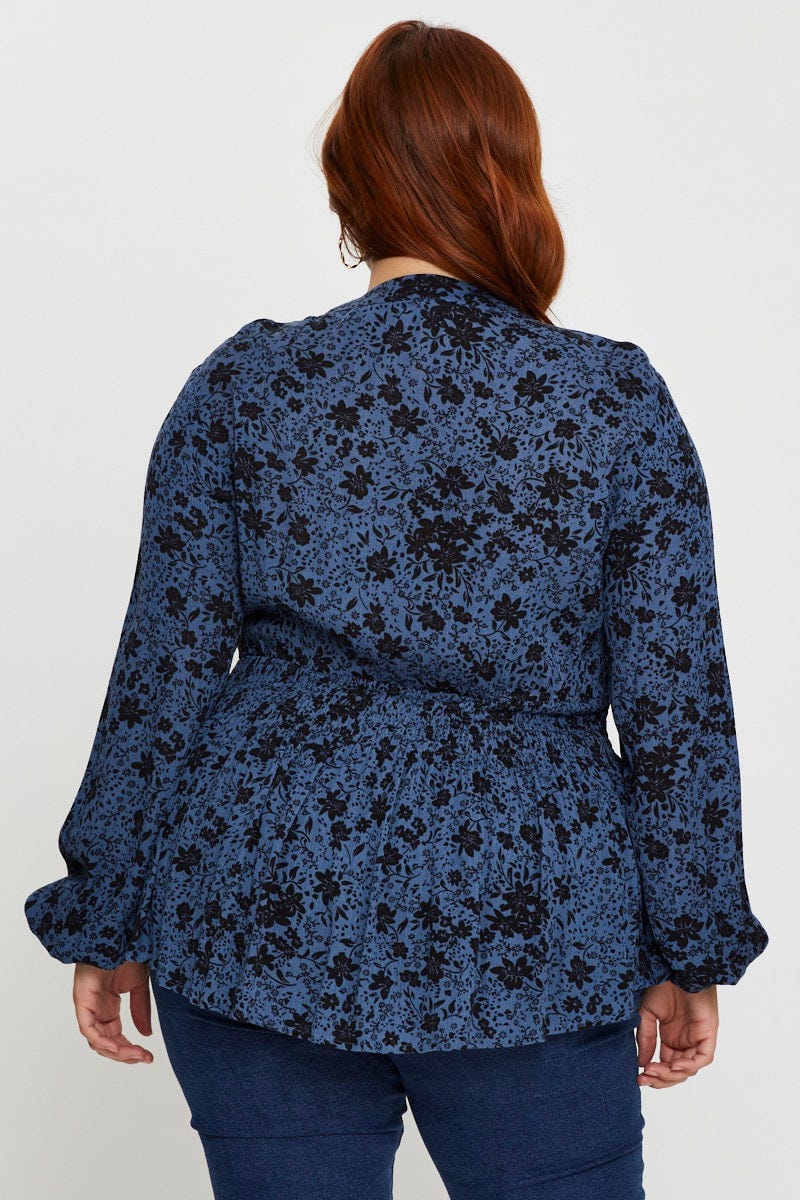 Floral Prt Plus Floral Print Chiffon Long Sleeve Peplum Top For Women By You And All