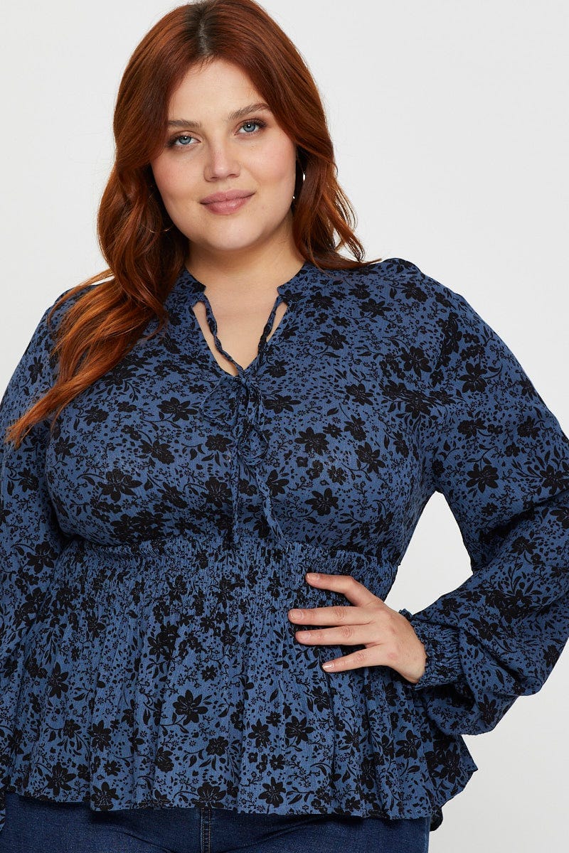 Floral Prt Plus Floral Print Chiffon Long Sleeve Peplum Top For Women By You And All