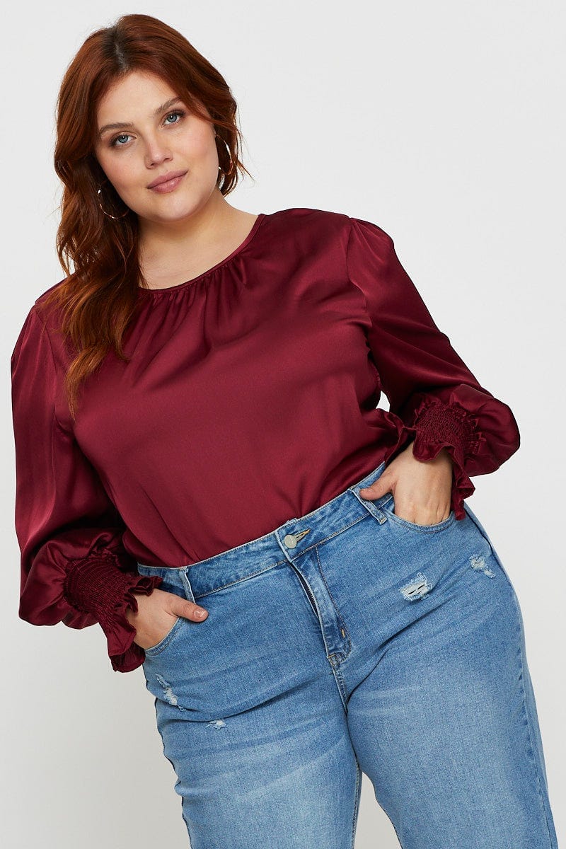 Red Satin Blouse Long Sleeve For Women By You And All