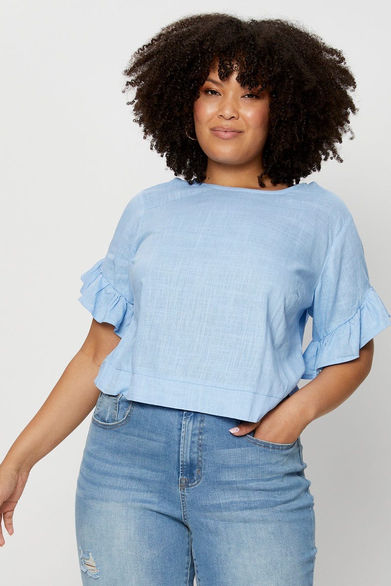 Blue Shell Top   Short Sleeve Linen Blend Frill for Women by You and All