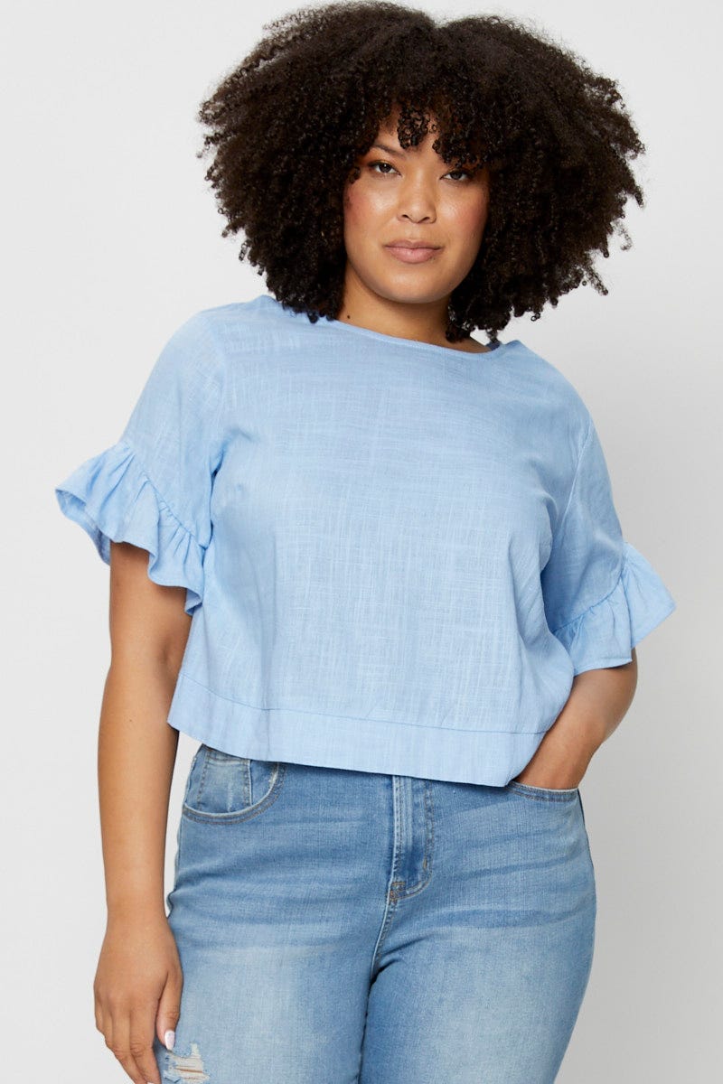 Blue Shell Top   Short Sleeve Linen Blend Frill for Women by You and All