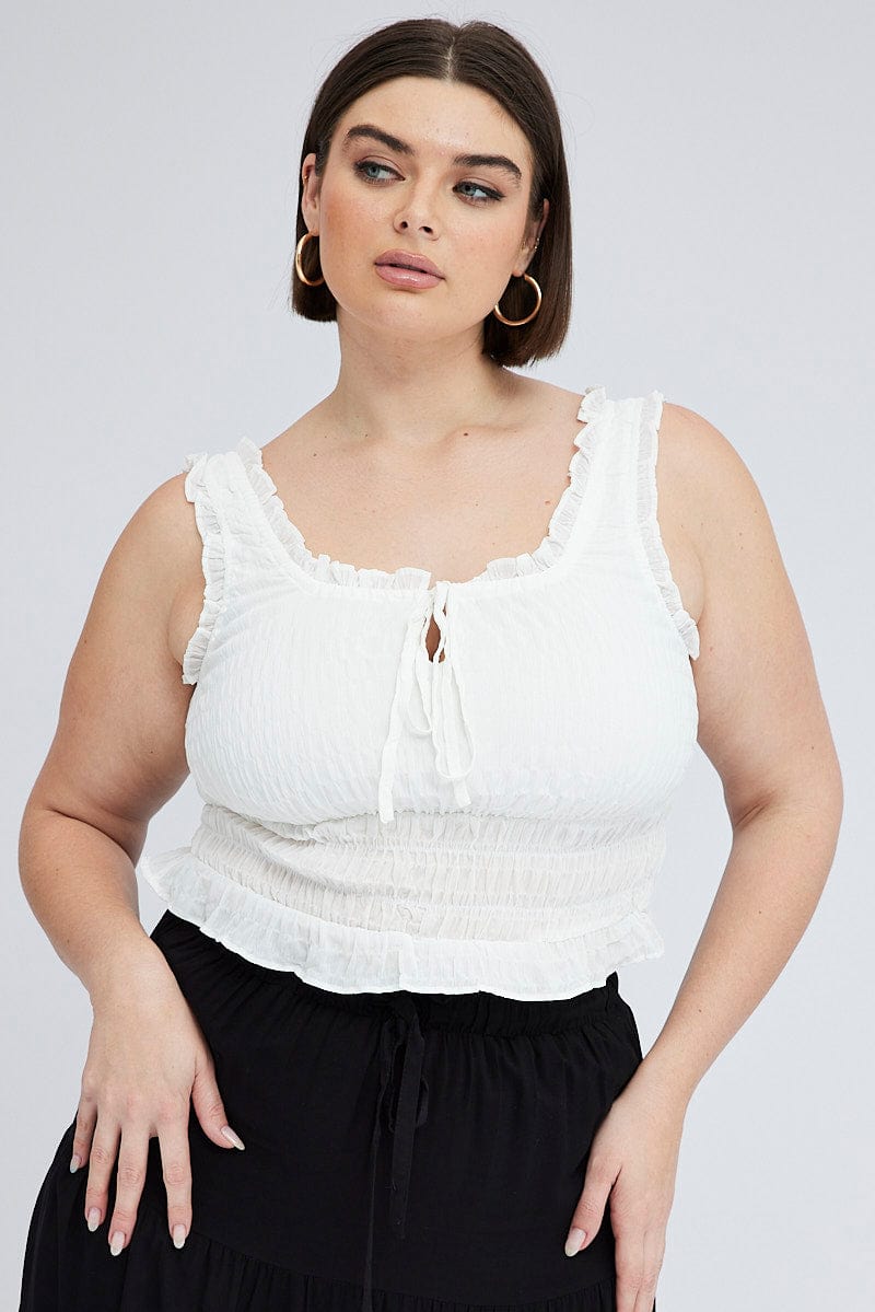 White Ruched Top Sleeveless Textured for YouandAll Fashion