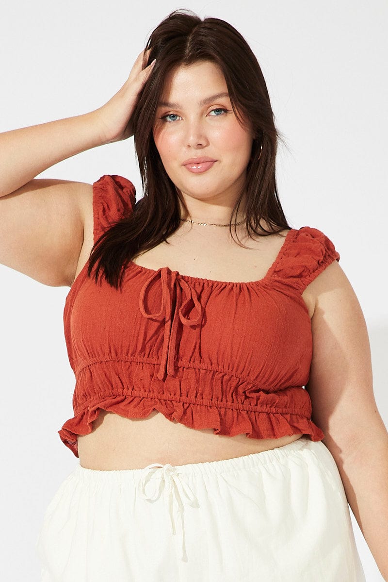 Brown Crop Top Short Sleeve Ruched for YouandAll Fashion