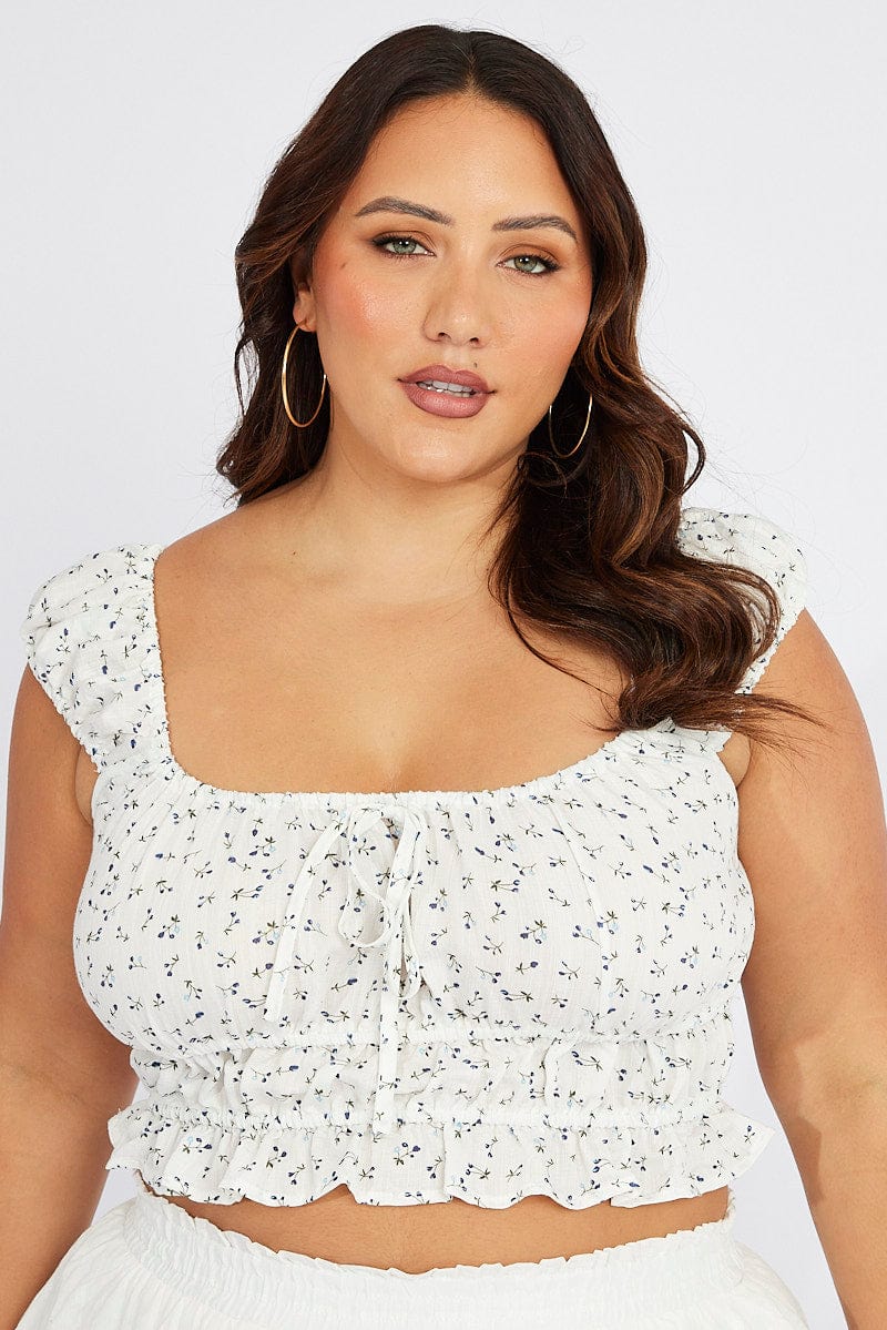 White Ditsy Crop Top Short Sleeve Ruched Bust